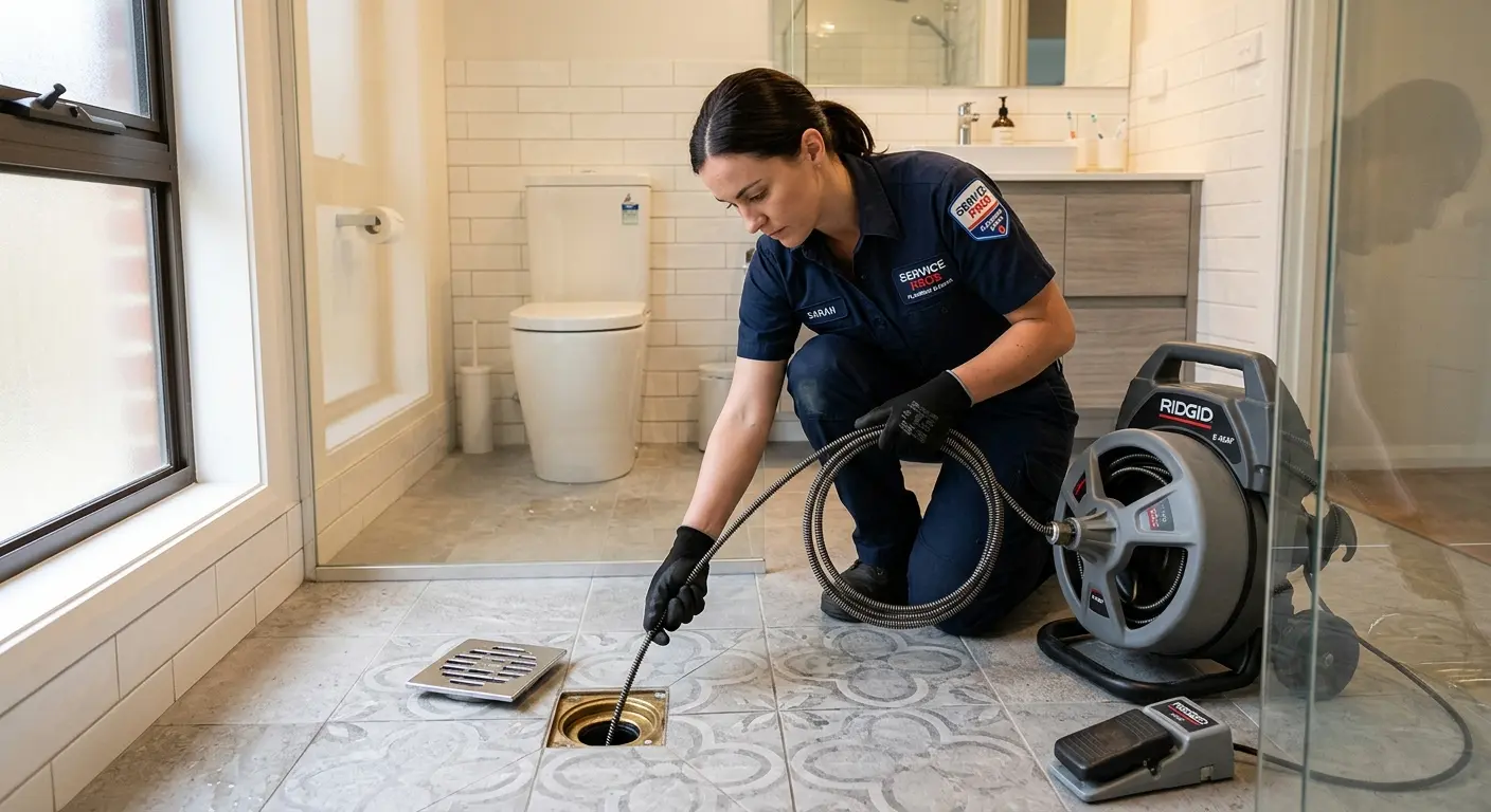 Technician clearing a bathroom floor drain for Clogged Drain Repair in Nolensville